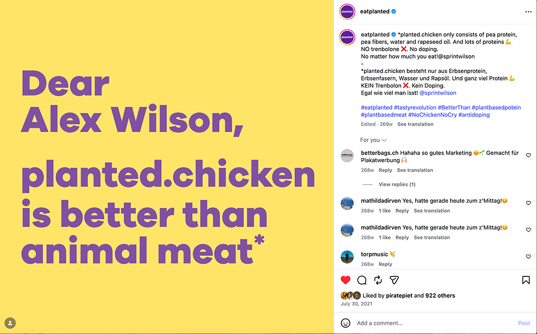 An Instagram post from eatplanted: ‘Dear Alex Wilson, planted.chicken is better than animal meat*’